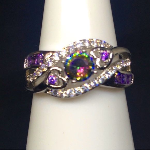 Gorgeous 925 Purple Green Topazs Hearts Infinity Lovers Ring - Picture 3 of 6